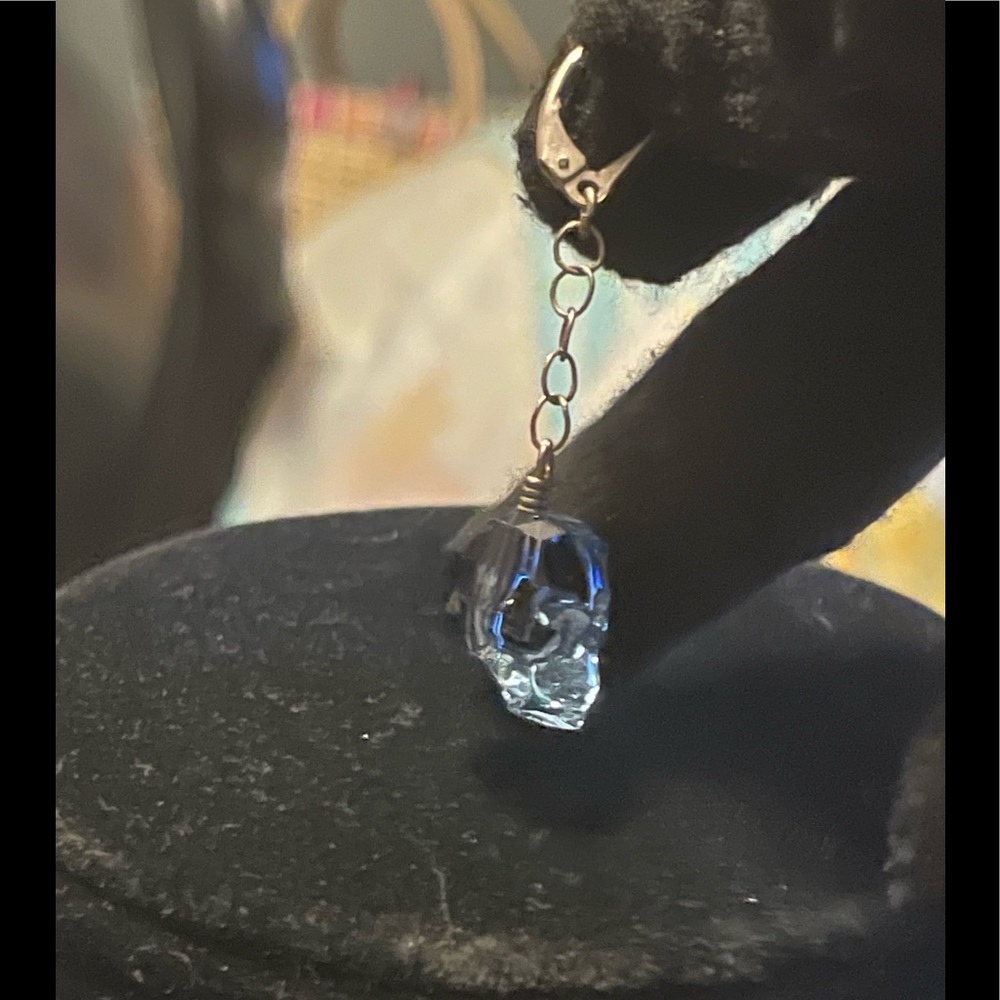Silver Swarovski Crystal skull latch hook earring denim blue